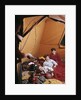 1960s father with lantern checking up on 3 boys in sleeping bags pajamas in tent by Anonymous