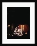 1960s night scene family gazing into campfire by tent by Anonymous