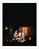 1960s night scene family gazing into campfire by tent by Anonymous