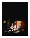 1960s night scene family gazing into campfire by tent by Anonymous