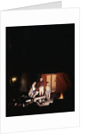 1960s night scene family gazing into campfire by tent by Anonymous