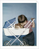 1950s 1960s little girl hugging cocker spaniel puppy riding in a baby carriage studio by Anonymous