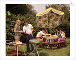1970s group teenagers boys girls backyard grilling table umbrella by Anonymous