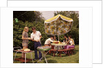1970s group teenagers boys girls backyard grilling table umbrella by Anonymous