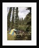 1970s couple man woman fishing in stream campsite with tent by Anonymous