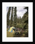 1970s couple man woman fishing in stream campsite with tent by Anonymous