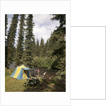 1970s couple man woman fishing in stream campsite with tent by Anonymous