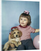 1950s 1960s little girl in party hat sitting holding a cocker spaniel puppy by Anonymous