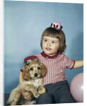 1950s 1960s little girl in party hat sitting holding a cocker spaniel puppy by Anonymous