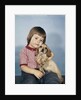 1950s 1960s winsome sad little girl sitting hugging a cocker spaniel puppy studio by Anonymous