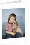 1950s 1960s winsome sad little girl sitting hugging a cocker spaniel puppy studio by Anonymous