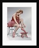 1960s teen girl woman red velvet costume pink net tutu foot stool tie ballet slipper shoe fishnet stockings by Anonymous