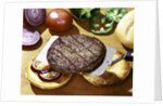 Hamburger beef patty, onion, tomatoes & peppers and rolls by Anonymous