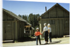 1950s mother and children visiting yellowstone national park wyoming 1956, looking at bear behind cabins by Anonymous