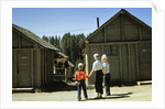 1950s mother and children visiting yellowstone national park wyoming 1956, looking at bear behind cabins by Anonymous