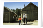 1950s mother and children visiting yellowstone national park wyoming 1956, looking at bear behind cabins by Anonymous
