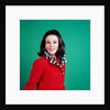 1960s smiling young woman brunette red coat leopard skin fur collar by Anonymous