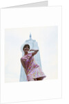 1960s young woman print miniskirt dress summer hat in front empire state building new york city by Anonymous