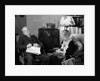 1930s elderly couple sitting in living room listening to radio woman knitting man with newspaper in lap by Anonymous