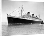 1930s 1936 maiden voyage of queen mary dwarfing small tugboat moving alongside it by Anonymous