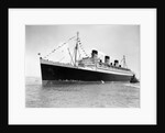 1930s 1936 maiden voyage of queen mary dwarfing small tugboat moving alongside it by Anonymous