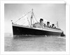 1930s 1936 maiden voyage of queen mary dwarfing small tugboat moving alongside it by Anonymous