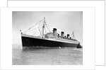 1930s 1936 maiden voyage of queen mary dwarfing small tugboat moving alongside it by Anonymous