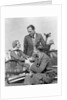 1930s two men one woman golf clubs bag smiling talking sitting bamboo chair man smoking pipe by Anonymous