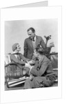 1930s two men one woman golf clubs bag smiling talking sitting bamboo chair man smoking pipe by Anonymous