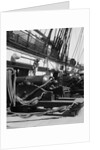 1930s row of cannon breeches on gun deck of sailing naval ship of war by Anonymous