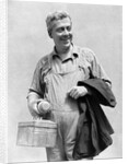 1930s man in overalls work uniform holding thermos lunchbox and jacket by Anonymous