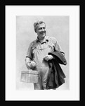 1930s man in overalls work uniform holding thermos lunchbox and jacket by Anonymous