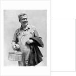 1930s man in overalls work uniform holding thermos lunchbox and jacket by Anonymous