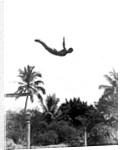 1940s man poised midair arms out jumping from diving board into pool by Anonymous