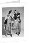 1950s couple man woman shopping cart reviewing grocery list man has cigar in hand by Anonymous