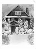 1940s three story shingle style house with pine trees and shrubs covered with snow by Anonymous