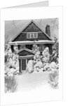 1940s three story shingle style house with pine trees and shrubs covered with snow by Anonymous