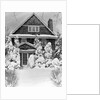 1940s three story shingle style house with pine trees and shrubs covered with snow by Anonymous