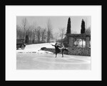 1920s couple man woman ice skating on outdoor rink with car nearby skating side by side by Anonymous