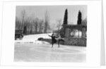 1920s couple man woman ice skating on outdoor rink with car nearby skating side by side by Anonymous