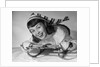 1950s smiling young teenage woman posing on sled in winter wool knit clothes looking at camera by Anonymous