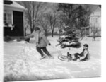 1950s woman mother pulling boy son on sled in winter by Anonymous
