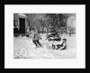 1950s woman mother pulling boy son on sled in winter by Anonymous