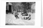 1950s woman mother pulling boy son on sled in winter by Anonymous