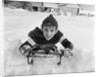 1950s boy on sled in snow looking at camera by Anonymous