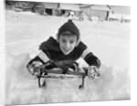 1950s boy on sled in snow looking at camera by Anonymous
