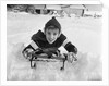 1950s boy on sled in snow looking at camera by Anonymous