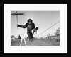 Chimp balancing on line with umbrella and puppy by Anonymous