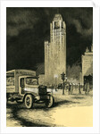 Vintage print of the Chicago Tribune building and truck delivering newspapers by Anonymous