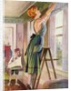 Housewife hanging curtains in her living room by Anonymous